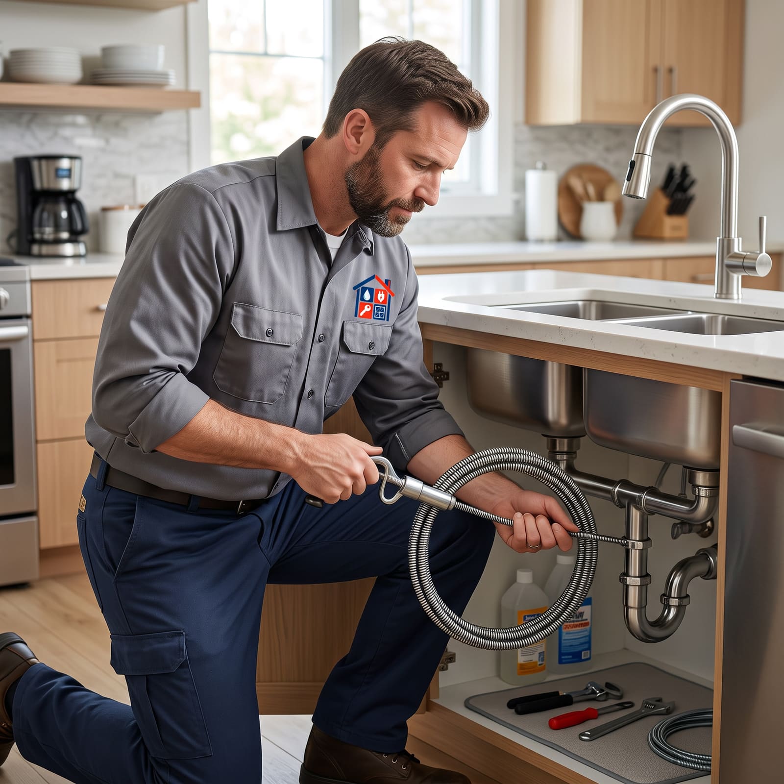 Plumber clearing a blocked drain with a drain snake in Paris
