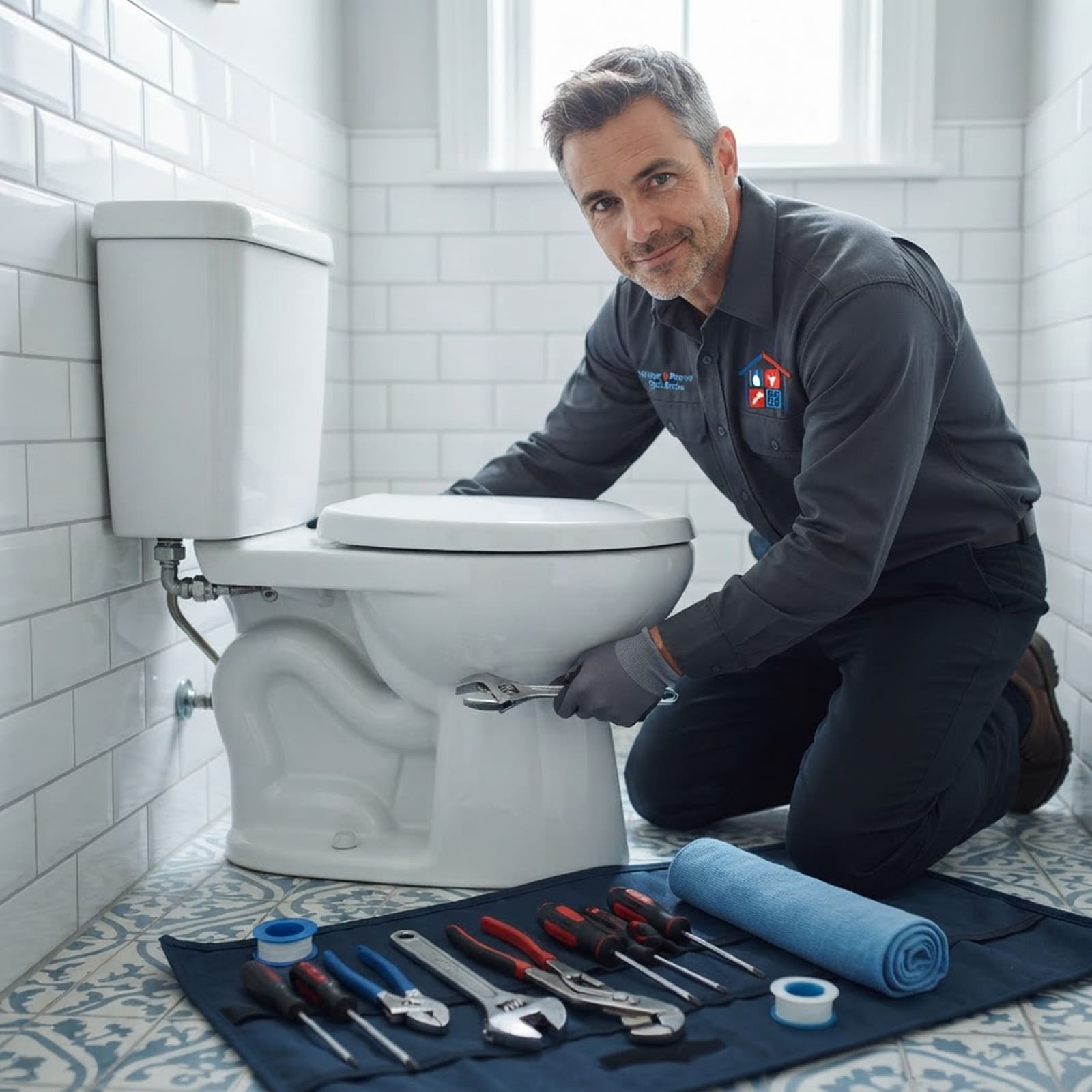 Plumber fixing a blocked toilet in a Paris apartment