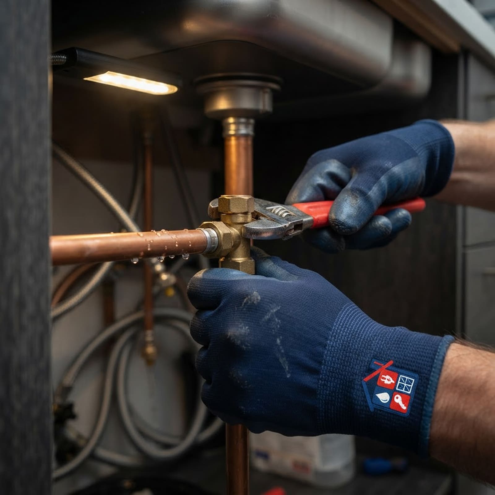 Plumber repairing a burst pipe fitting under a sink in Paris