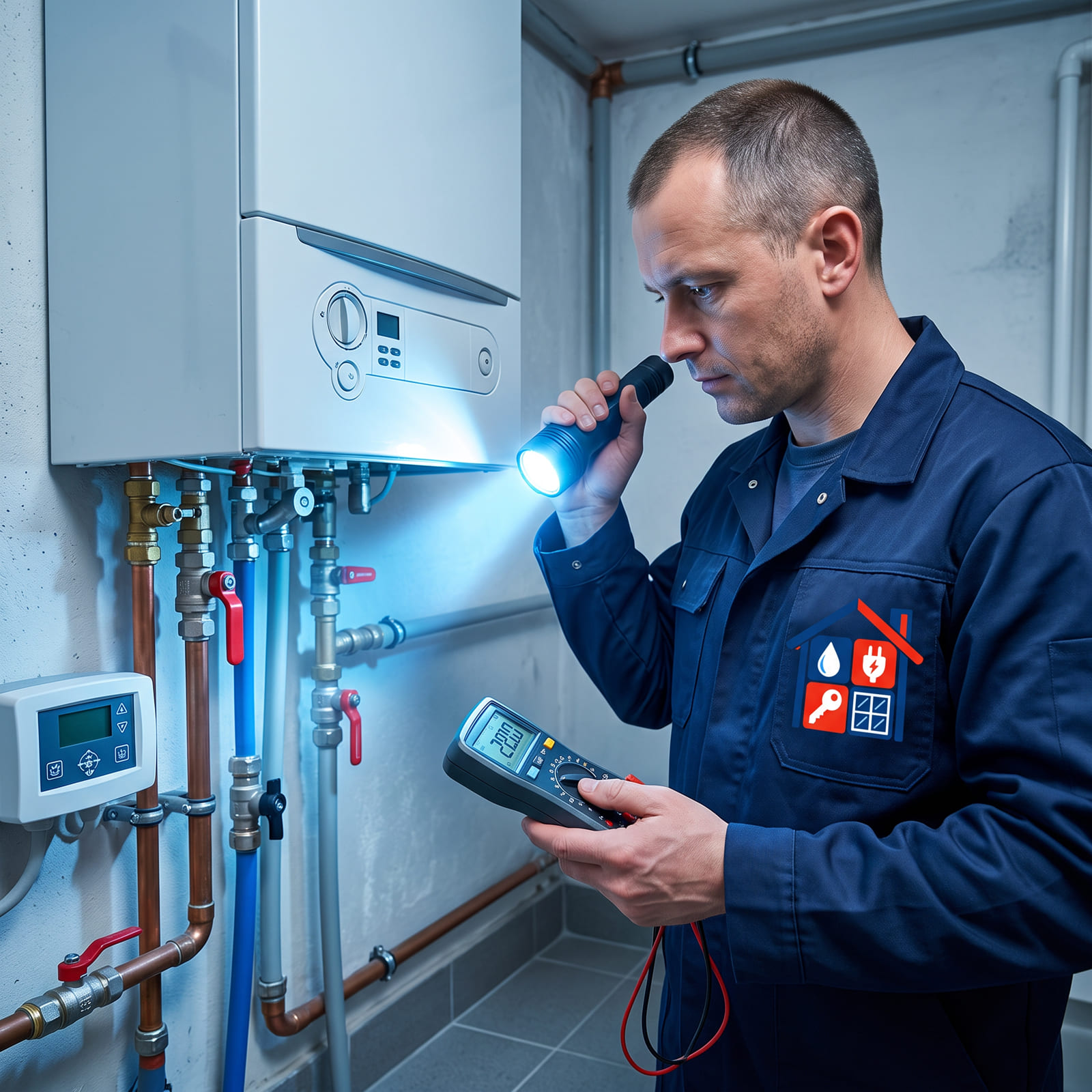 Plumber inspecting a boiler for a no hot water repair in Paris